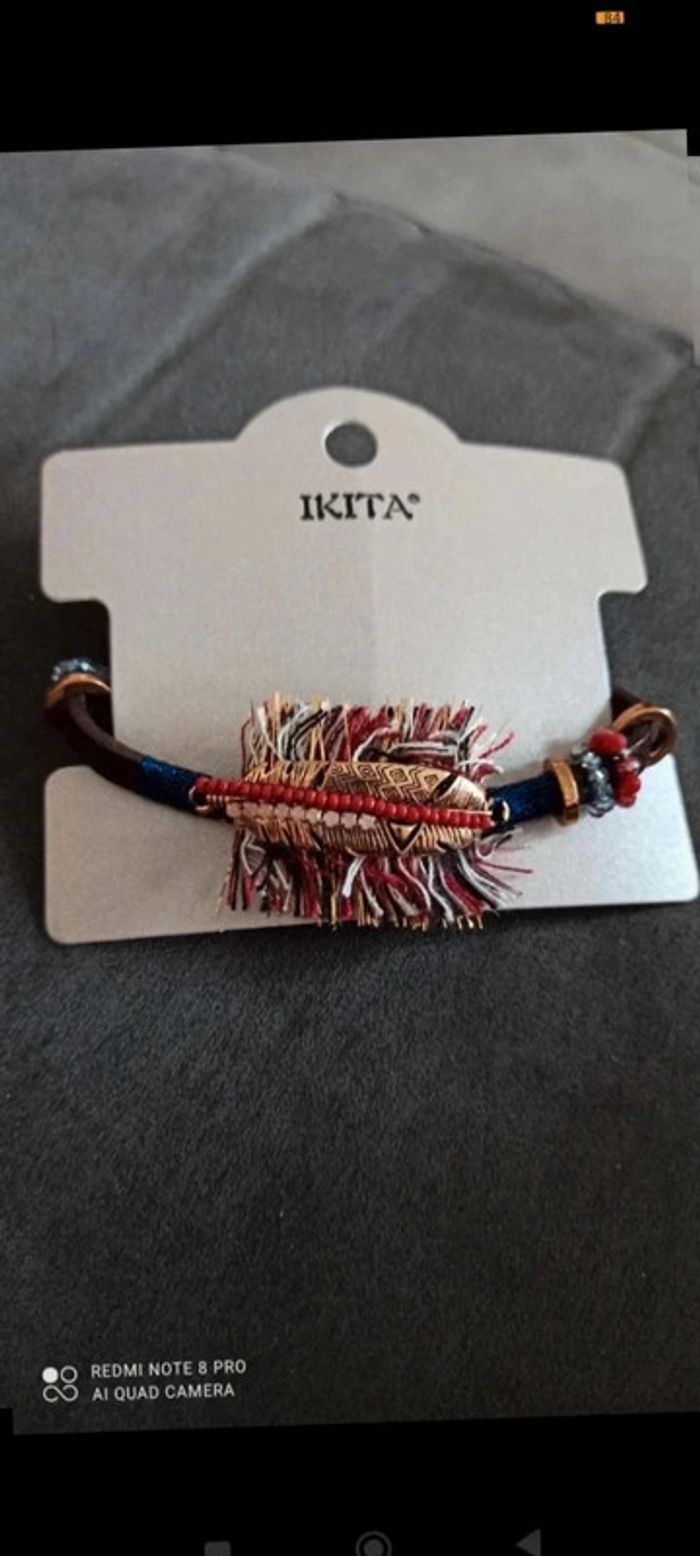 Bracelet simili cuir dore marron franges ikita