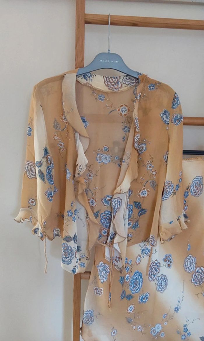 Superbe ensemble fluide Vintage beige bleu jupe et veste boléro T38 - photo numéro 10