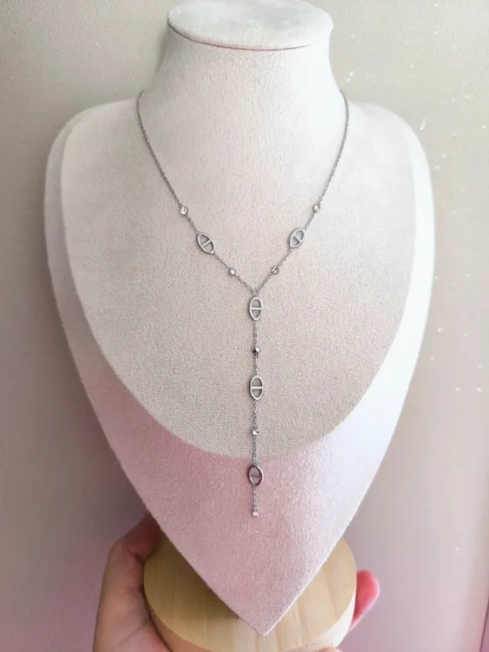 Pendentif argenté en Y maille marine et zircons - photo numéro 4