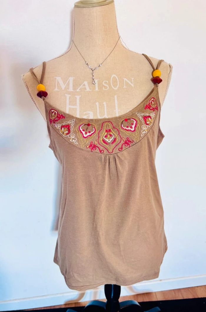 💕 blouse kaki d’été doublé bretelles avec perles taille 42 xl #camaieu - photo numéro 2