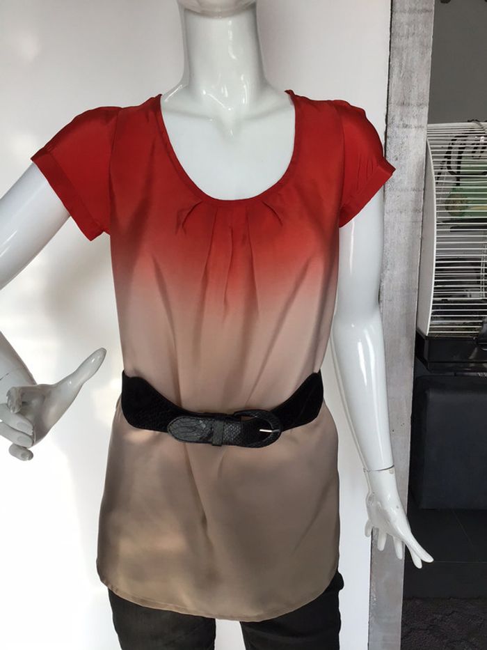 Blouse tunique tri color encolure à nouer - photo numéro 3