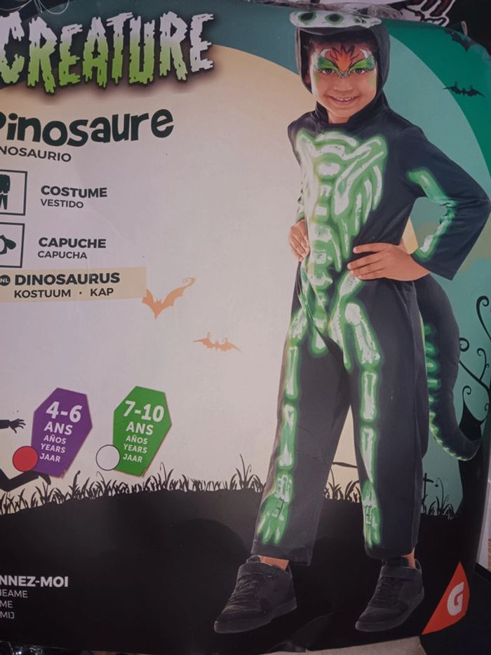 Combinaison squelette dinosaure 4/6 ans vert phosphorescent enfant