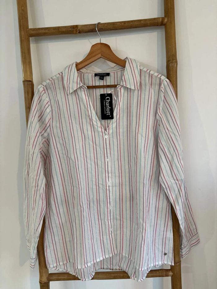 Chemise blanche à rayures rose bleu violette taille XL/42