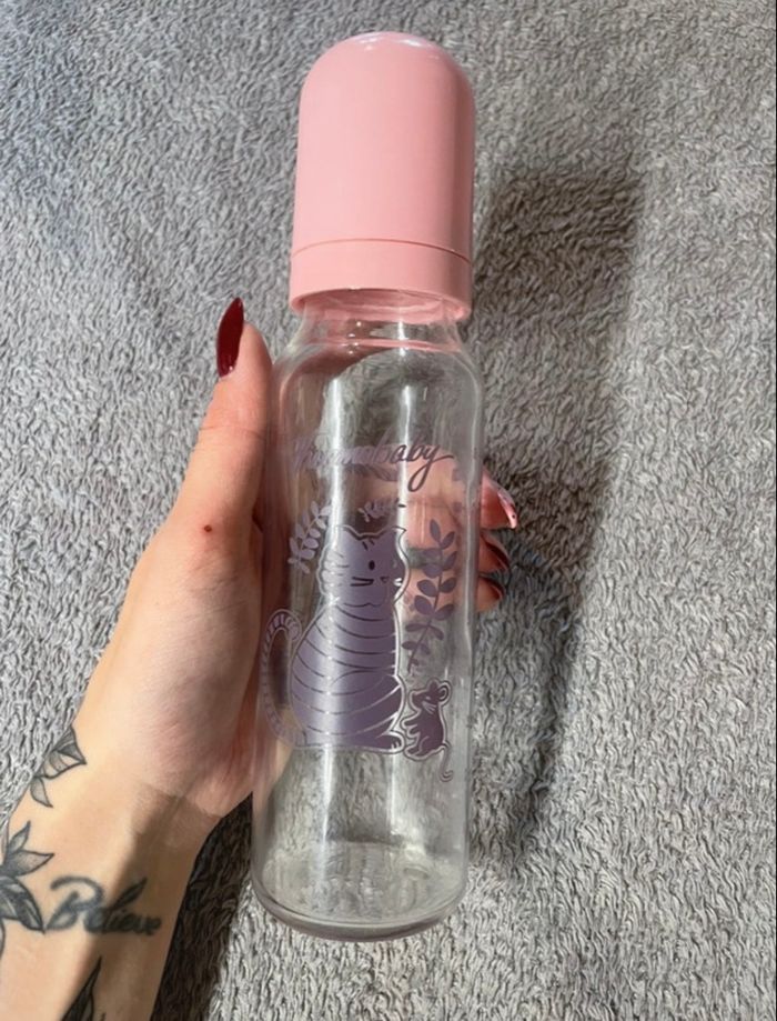 biberon en verre, Thermobaby, 250ml 🍼 - motifs chat & souris, capuchon rose