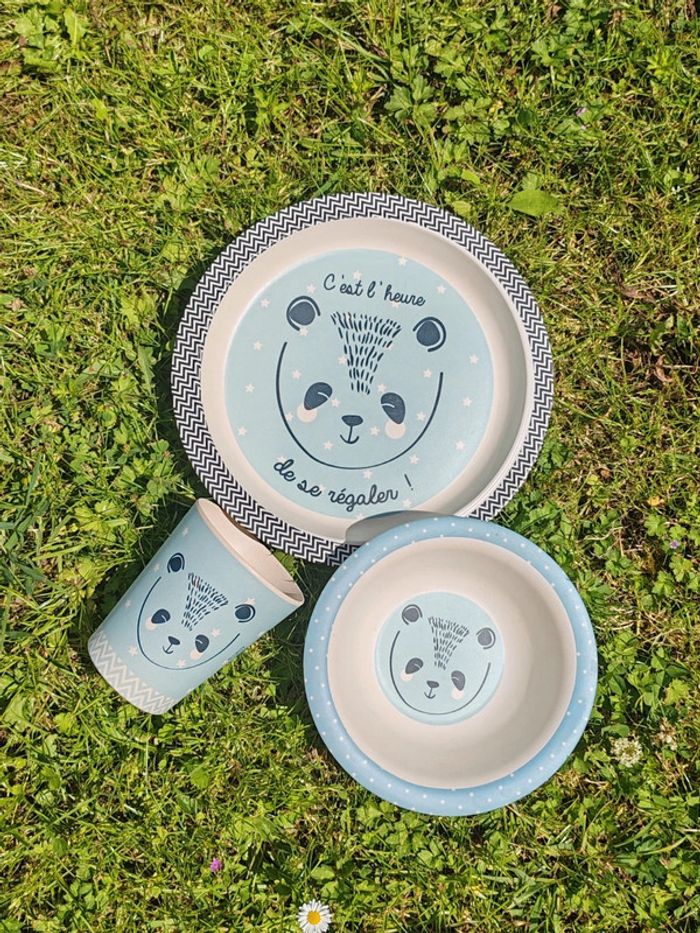 Set de vaisselle enfant panda bleu