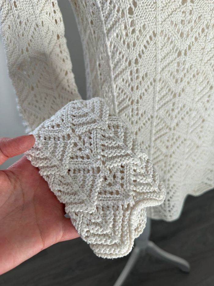 Pull en crochet tricot maille ajourée blanc Vintage T38 M - photo numéro 3