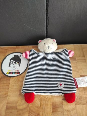 Ours Terre De Marins Blanc Bleu Rouge  doudou plat mouchoir rayé rayure marron beige