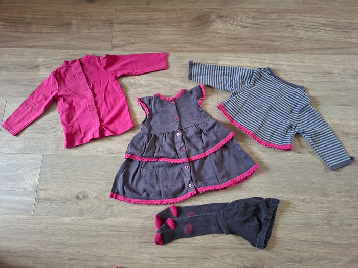 Ensemble 4 pièces gris/rose: robe+ gilet +collant +T shirt assortis Orchestra 9 mois - photo numéro 3