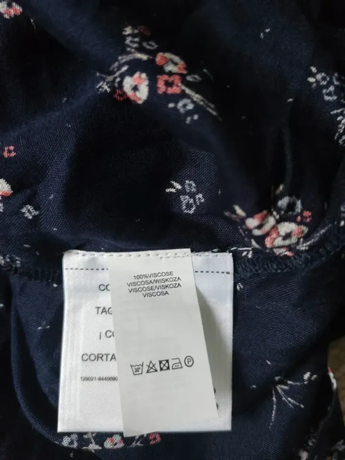 Robe droite mi-longue manches 3/4 évasées bleu nuit ceinture à nouer motif fleuri taille 48 Tissaia - photo numéro 12