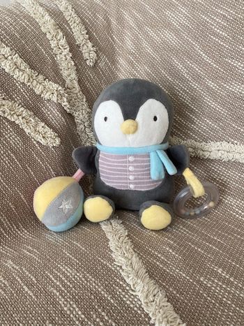 Peluche doudou d'éveil 22cm Mots d'enfants pingouin manchot gris blanc bleu jaune parfait état