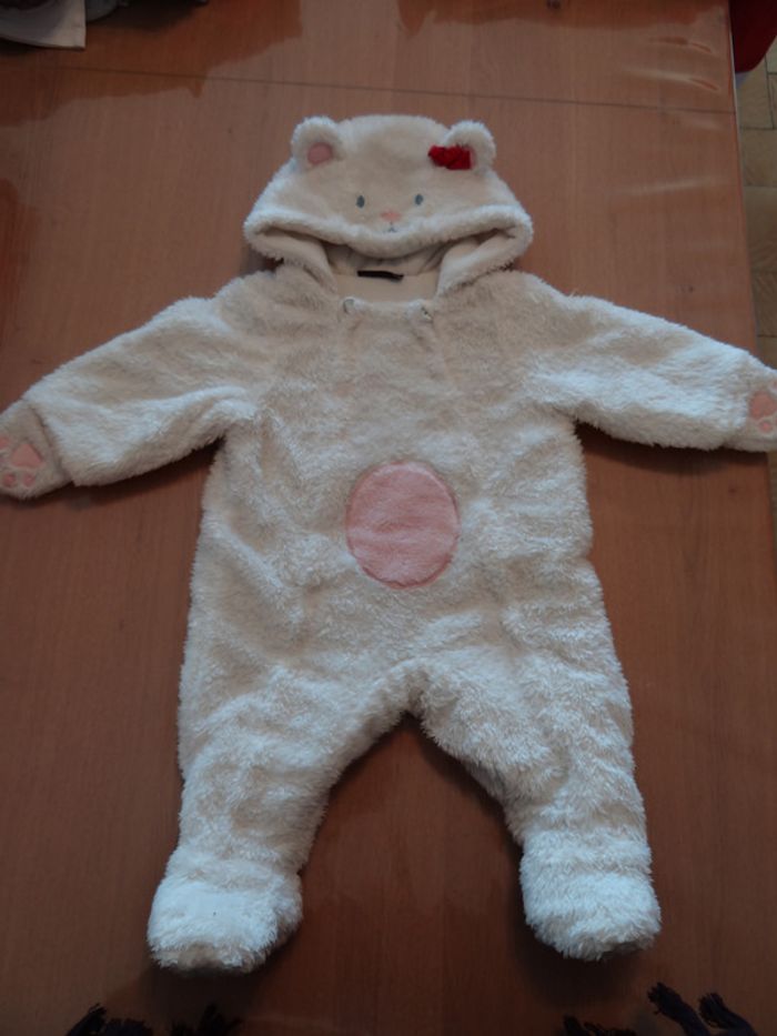 Combipilote Sergent Major bébé fille, petit chat crème, doublée polaire. Taille 6 mois.