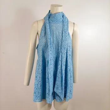 Top long tunique bleue ZARA col montant dentelle ajourée taille M sans manches mariage A1557