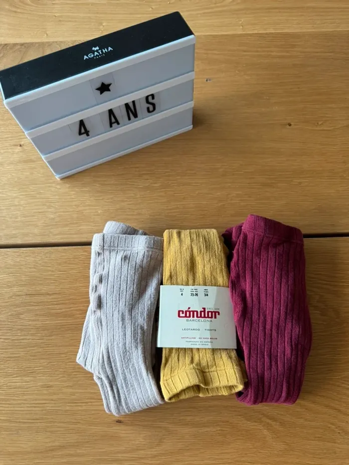 Lot de 3 paires de collants beige/jaune moutarde/rouge bordeaux côtelés - Taille 4 (pour du 4/5 Ans)