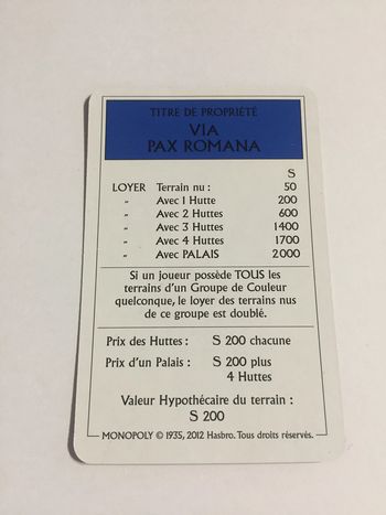 Carte Via pax romana pièce détachée jeu de société Monopoly le tour de Gaule d'Astérix Hasbro #A53