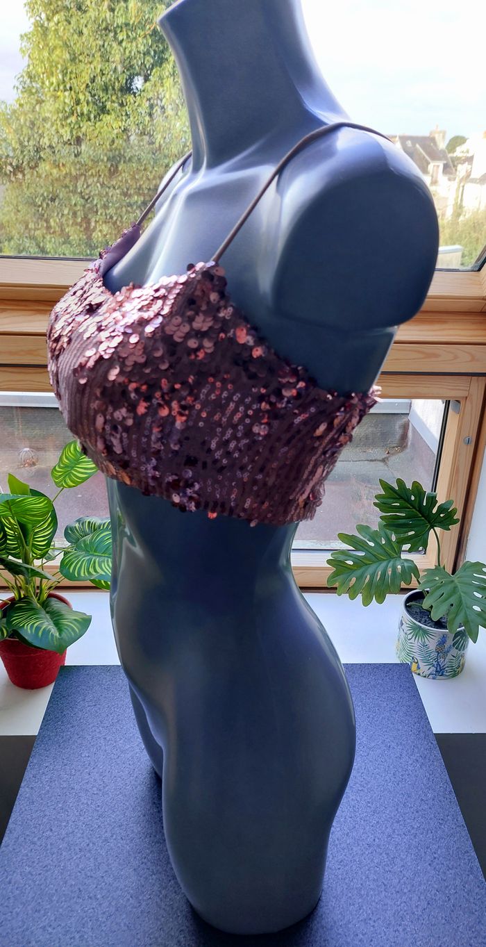 Top court à sequins coloris vieux rose / taille S Zuiki - photo numéro 8