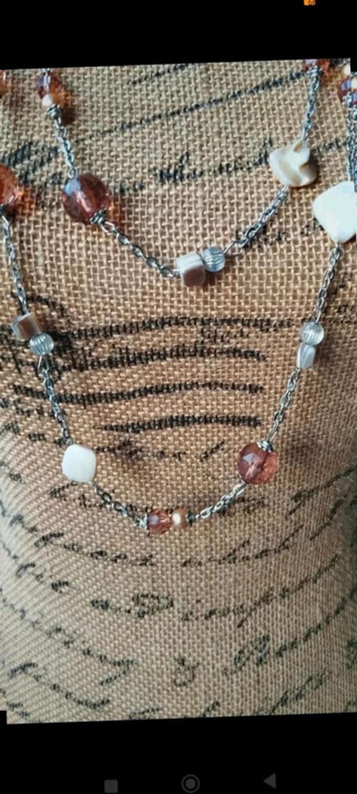 Sautoir  collier argenté  marron beige - photo numéro 4