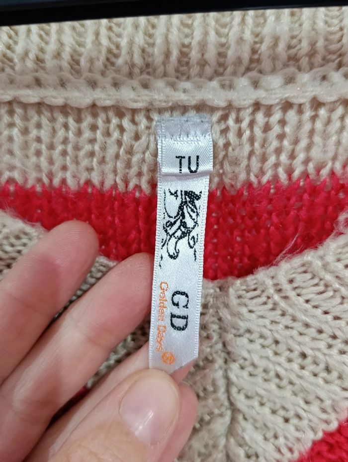 Pull mailles taille unique framboise et beige - photo numéro 5