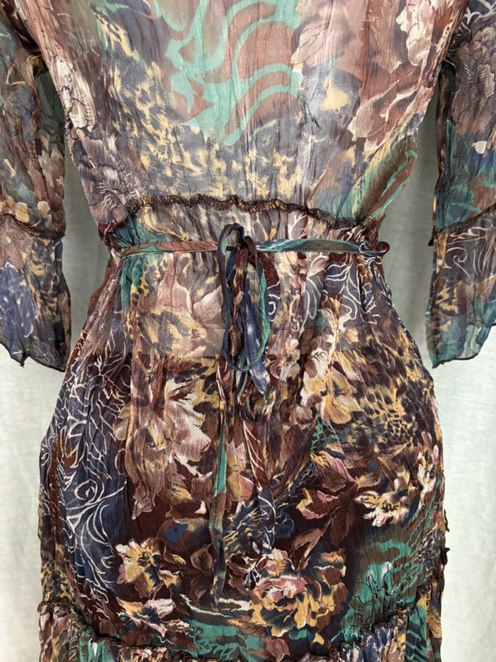 Belle blouse tunique transparente en soie imprimé floral tons verts et bleus M/38 - photo numéro 4