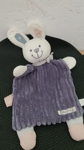 Doudou lapin NICOTOY bleu  corps plat en velours côtelé, tête blanche