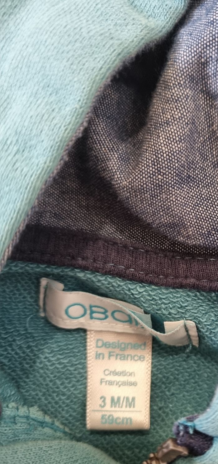 sweat zippé à capuche turquoise obaibi taille 3 mois - photo numéro 2
