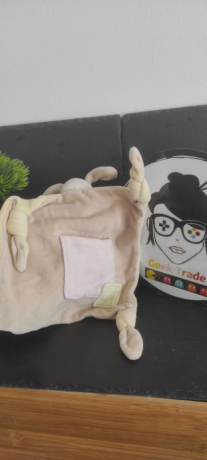 Doudou Plat Chien Beige Jaune Rose Vert Obaibi poche carré ancien Noeuds Marron - photo numéro 2