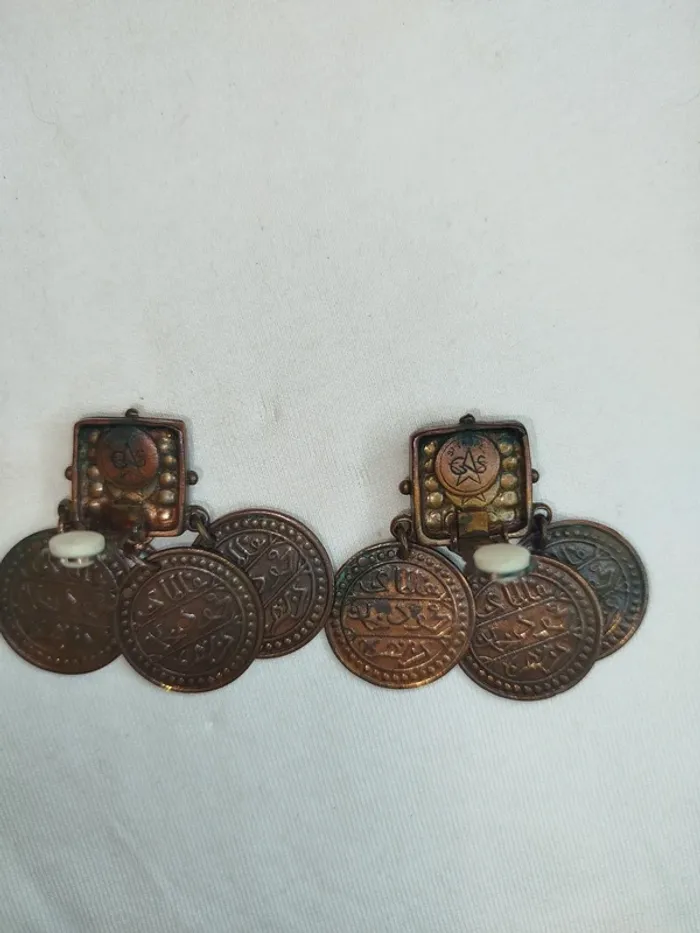 Boucle d'oreille Gas - pièce pampilles monnaies - Bronze, rouge et orange, - photo numéro 4