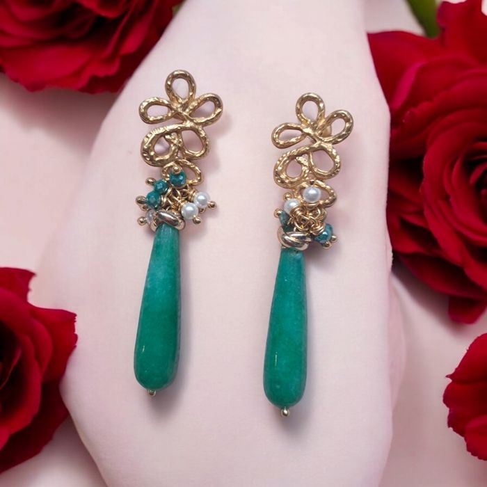 Jolies boucles d oreilles vintage agate verte et zama dore - photo numéro 4