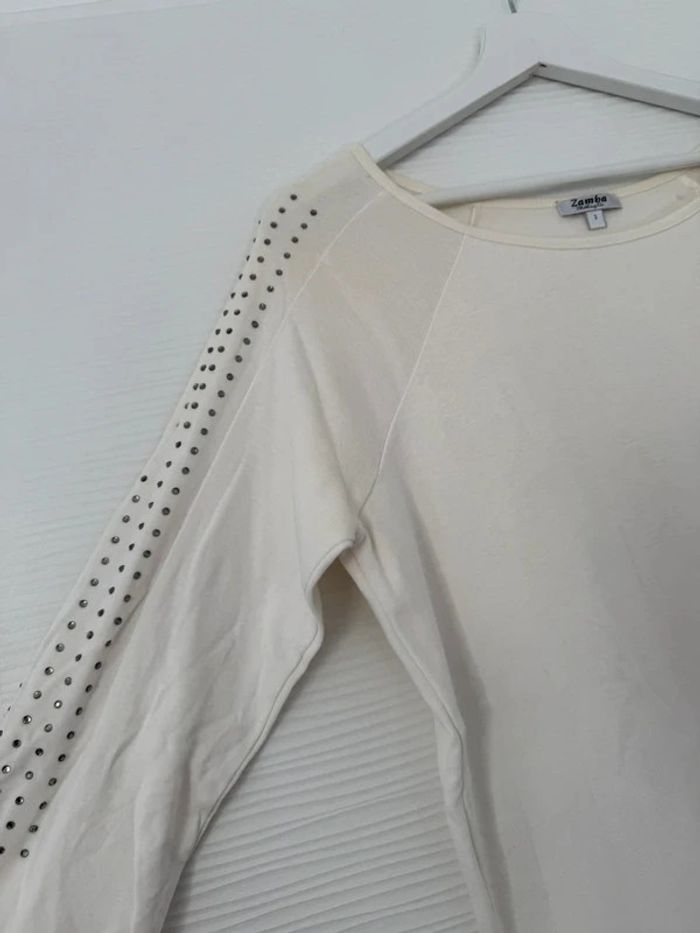 Haut t-shirt blanc crème uni manches 3/4 blanc avec strass col rond - photo numéro 2