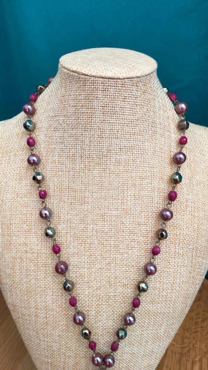 Collier vintage à pampille bronze – Perles prune & métalliques – Style bohème chic - photo numéro 3