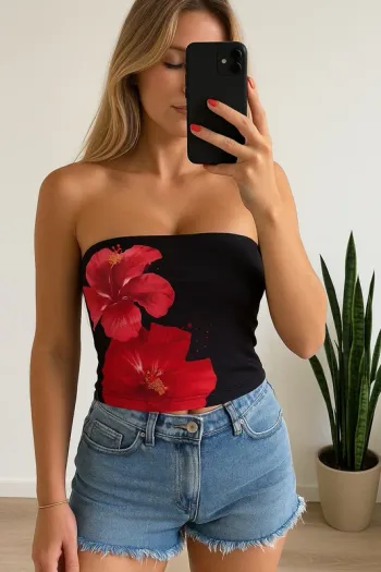 Top bustier imprimé floral noir rouge et rose – Taille S neuf