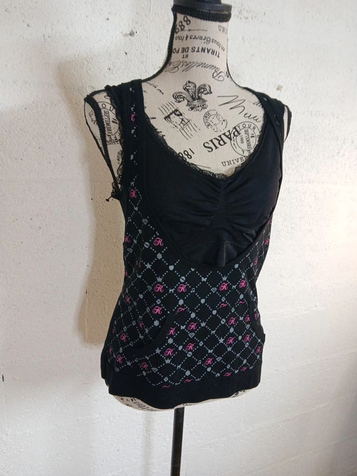 🖤 Débardeur fluide noir à motifs rose et gris – Taille M – Diramode - photo numéro 3
