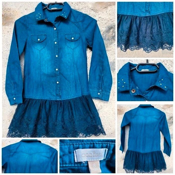 Confetti, très belle Robe en jeans col chemise et jupe dentelle 8 ans