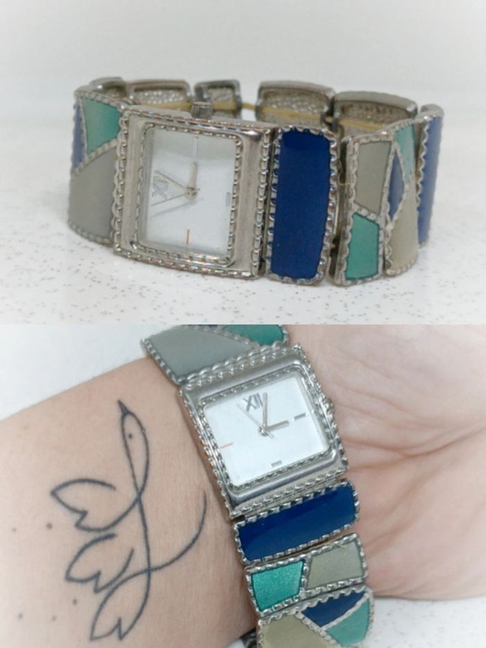 Montre art déco vintage argenté élastique émaillé émaille vert bleu émeraude dpr ldadpr watch quartz