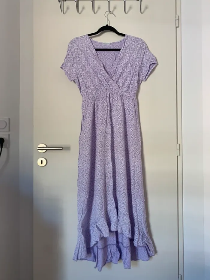 Robe longue asymétrique mauve lila à motif et manches courtes Andromede taille S/M - photo numéro 5