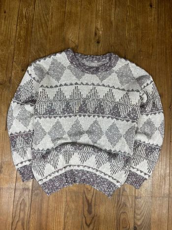 Pull maille vintage coton motifs carreaux blanc gris Made in USA L