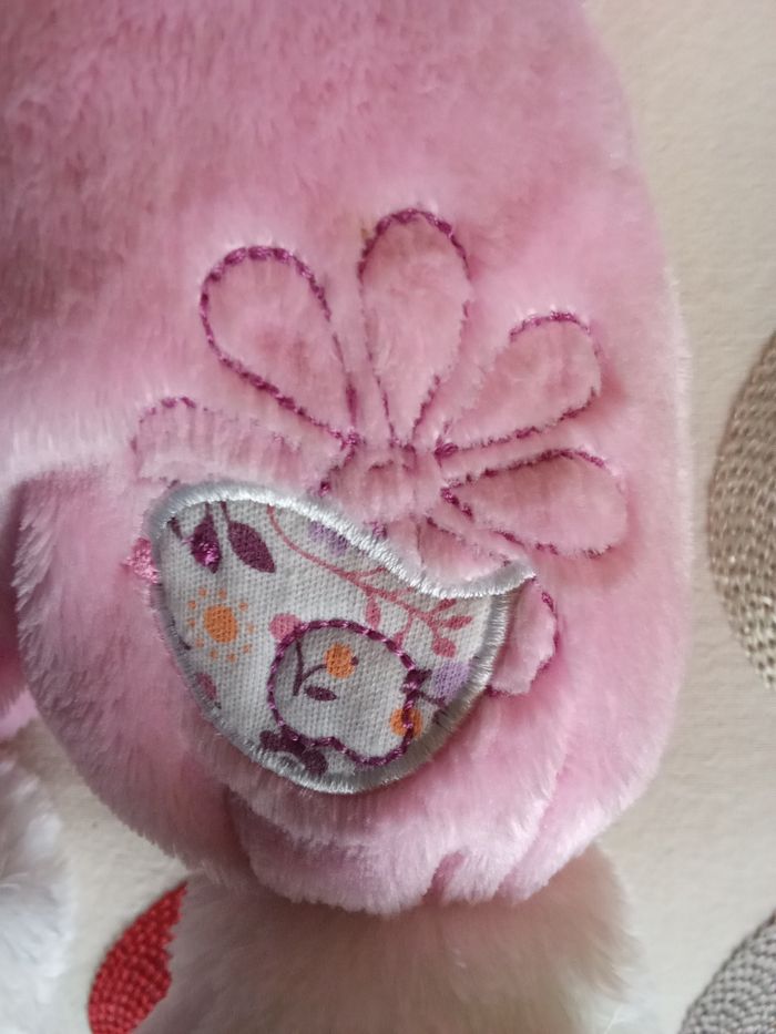 Ours rose blanc  doudou tex baby oiseau  brodé  col orange en posture debout belle peluche - photo numéro 7