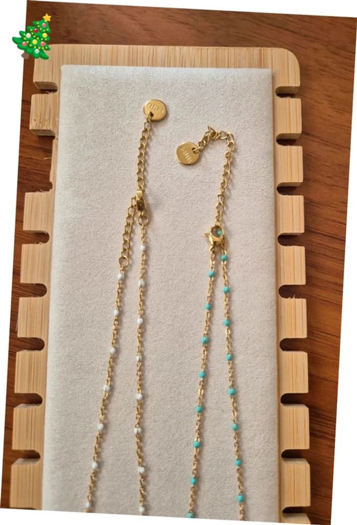 2 Colliers style gigi tour de cou dorée acier inoxydable perles Turquoise et blanc 🌸 35 cm à 41 cm - photo numéro 3