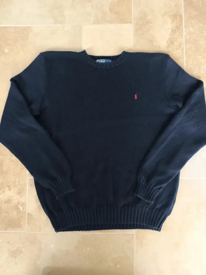 Pull col rond texturé marine logo rouge Ralph Lauren L - photo numéro 2