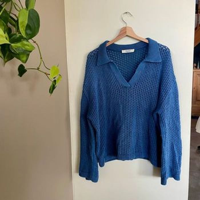 Pull ajouré bleu col polo Promod taille XL coton mélangé maille légère V061