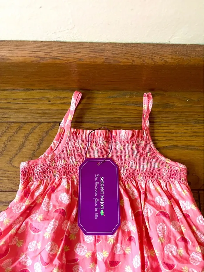 sublime ensemble Robe +bloomer bebe Sergent Major 12M rose imprime fruits smock neuf etiquette - photo numéro 7