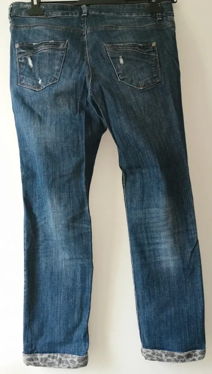 Jean 7/8ème Promod - Effet déchiré & ourlet léopard - Taille 38