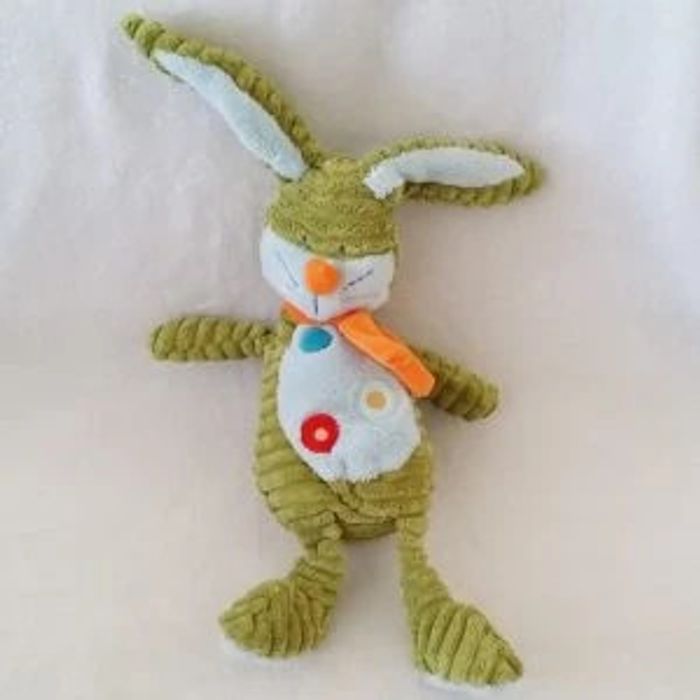 Doudou Lapin cotelé vert et polaire bleu 30 cm TEX