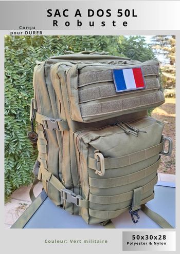 Sac à dos tactique 50L – Vert militaire, rando, outdoor & survie
