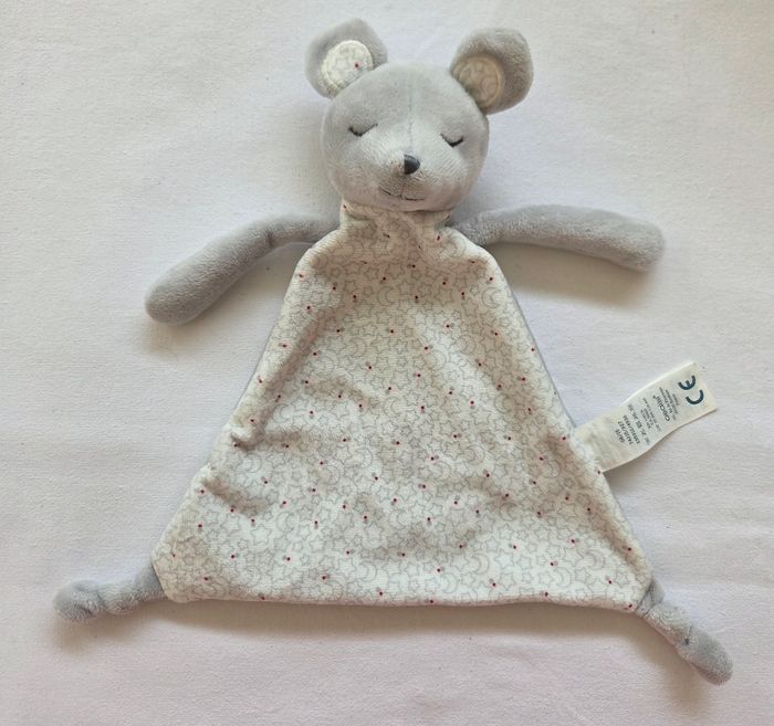 Doudou plat souris grise - Étoiles/ Lunes et pois rose - Obaibi