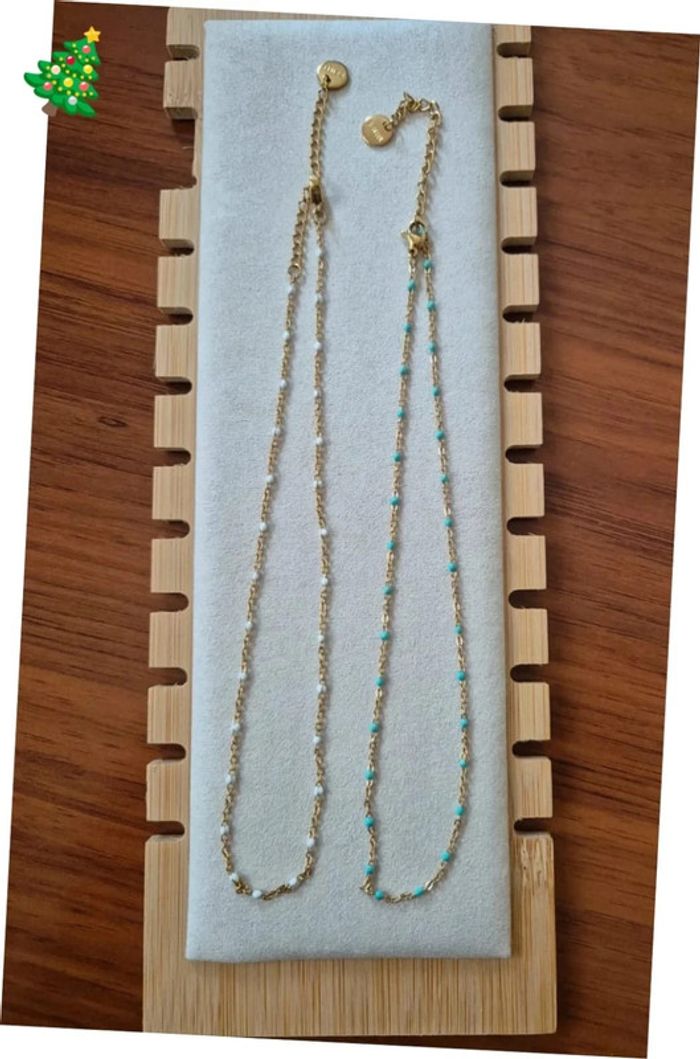 2 Colliers style gigi tour de cou dorée acier inoxydable perles Turquoise et blanc 🌸 35 cm à 41 cm - photo numéro 5