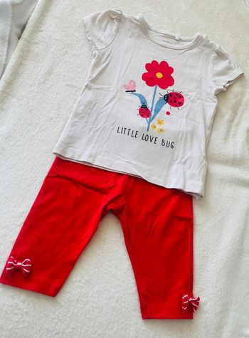 Ensemble tee shirt beige avec coccinelle et fleurs + leggins rouge 9-12 mois 80cm