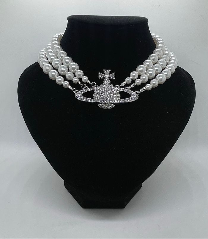 Collier perles 3 rangs motif argenté strass - photo numéro 2
