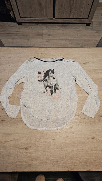T shirt gris clair chiné avec un dessin de cheval, manches longues, C&A, taille 158/164