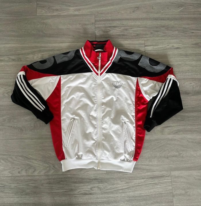 Veste zip satinée blanc gris noir rouge Adidas Vintage TXXL - photo numéro 2