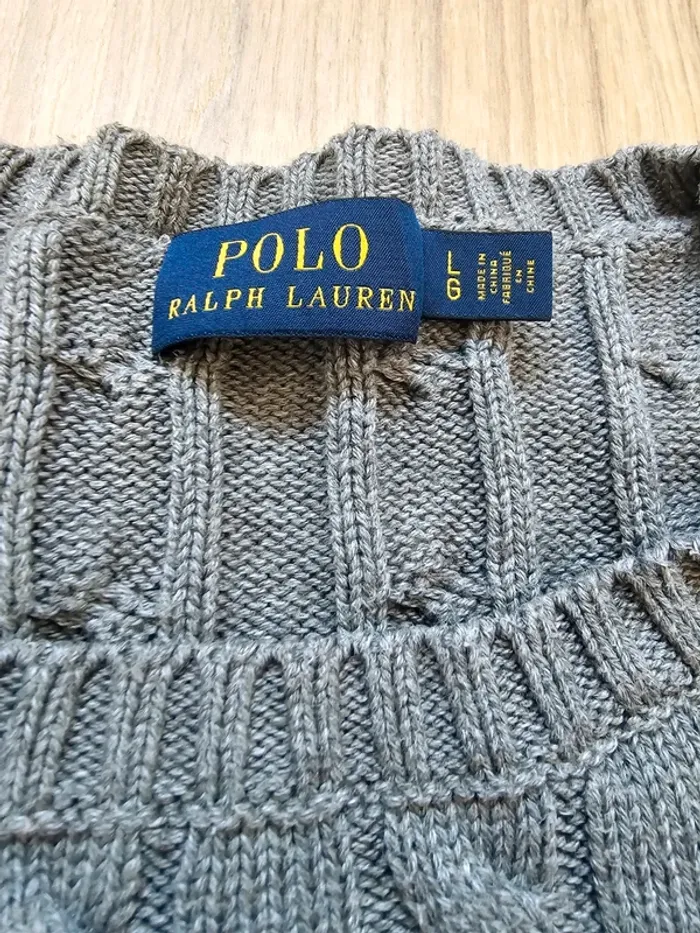 Pull Ralph Lauren torsadé cable knit twisted col gris blanc L femme - photo numéro 4